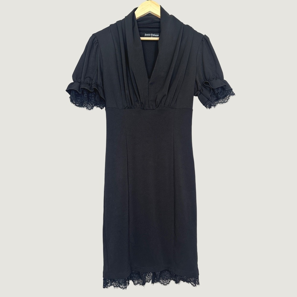 Scarlet Darkness Puff Sleeve Bodycon Dress Medium  Black Lace Trim Gothic Retro - Picture 2 of 12